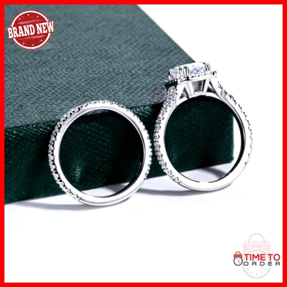 Sterling Silver Split Shank Wedding Set Size 6.5 CZ Halo Ring - Picture 4 of 7